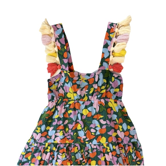 J.Crew Size XS Tassel Dress Confetti Green Floral Organic Cotton Tiered Midi - Picture 7 of 16